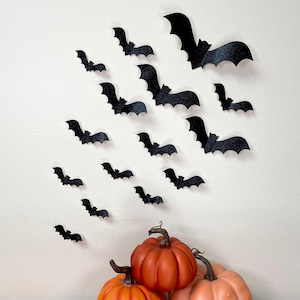 Black Glitter Bat Wall Decor, 3D Halloween Decorations for Spooky Parties, Glam Halloween, and Photo Backdrops, Sparkle Flying Bats Wall Art