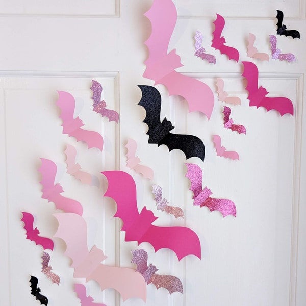 Pink Glitter Bats for Wall, Pink and Black Halloween Decor, Sparkle Halloween Decoration, Pastel Spooky Party, 3D Paper Wall Bats, Goth Girl