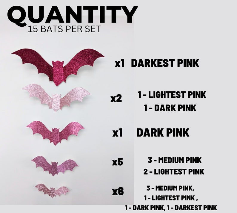 Może przedstawiać: Zestaw 15 błyszczących papierowych nietoperzy w r&oacute;żnych odcieniach r&oacute;żu. Zestaw zawiera 1 najciemniejszy r&oacute;ż, 2 najjaśniejszy r&oacute;ż, 1 r&oacute;ż ciemny, 5 r&oacute;ż średni, 3 r&oacute;ż średni, 1 najjaśniejszy r&oacute;ż, 1 r&oacute;ż ciemny i 1 najciemniejszy r&oacute;ż.
