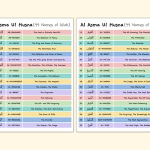 Al Asma Ul Husna, 99 Names of Allah, Digital Printable, Children Kids School Guides, Memorization Read Understanding, US Letter Size image 2