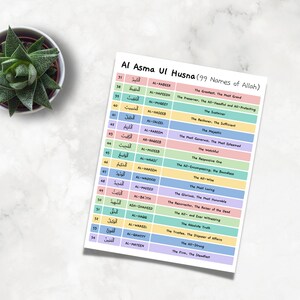 Al Asma Ul Husna, 99 Names of Allah, Digital Printable, Children Kids School Guides, Memorization Read Understanding, US Letter Size image 4