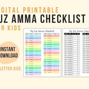 Lista de verificación de Juz Amma, seguimiento de Juz 30, imprimible digital, uso escolar para niños, opciones de colores blanco y negro, tamaño de carta de EE. UU.