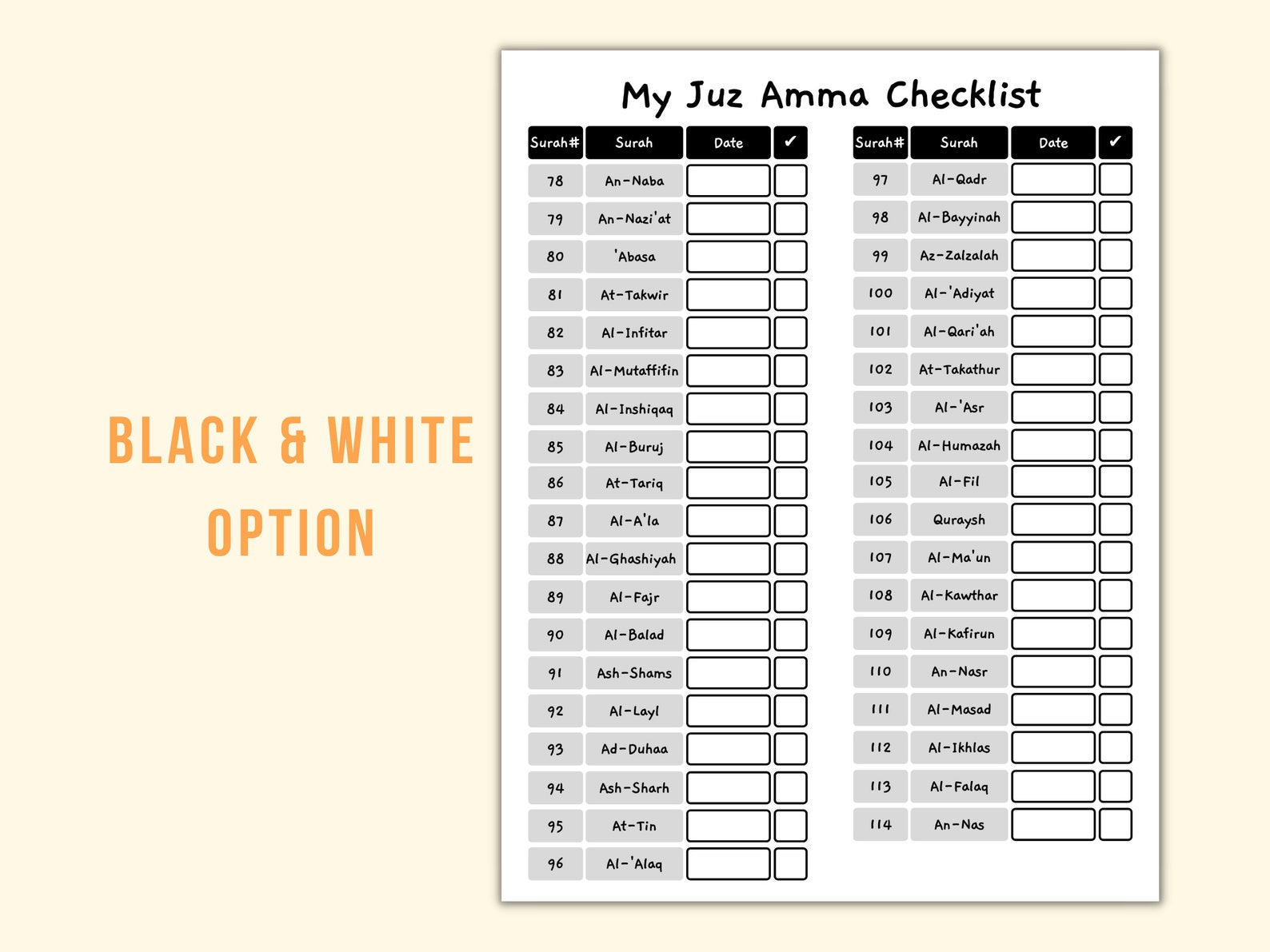 Juz Amma Checklist, Juz 30 Tracking, Digital Printable, Children Kids ...
