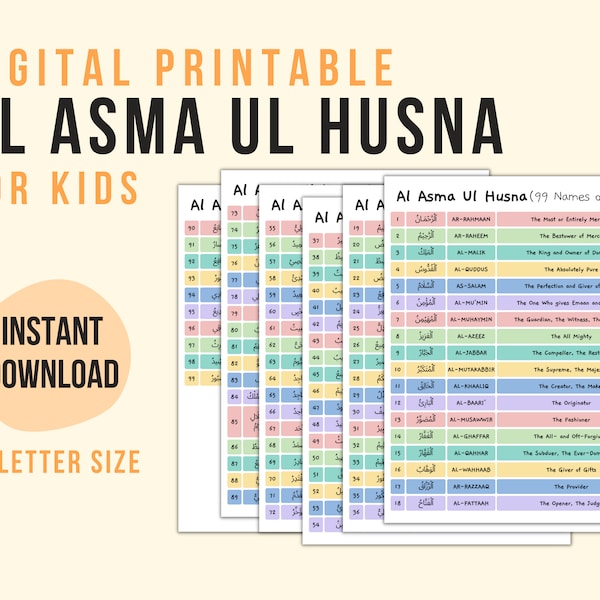 Al Asma Ul Husna, 99 Names of Allah, Digital Printable, Children Kids School Guides, Memorization Read Understanding, US Letter Size