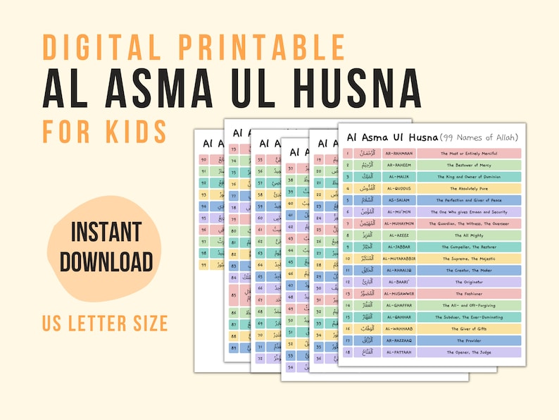 Al Asma Ul Husna, 99 Names of Allah, Digital Printable, Children Kids School Guides, Memorization Read Understanding, US Letter Size image 1