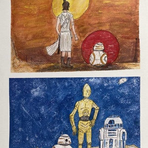 Star Wars Rey, Droids e Tatooine Print dall'illustrazione originale.  Carta singola e busta