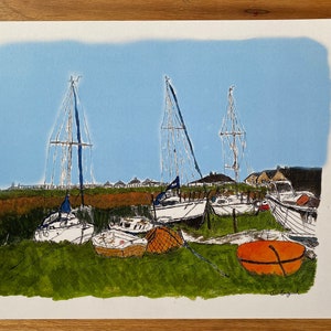 Uphill Boatyard, Weston super Mare Druck von Original Illustration.  Einzelkarte und Umschlag