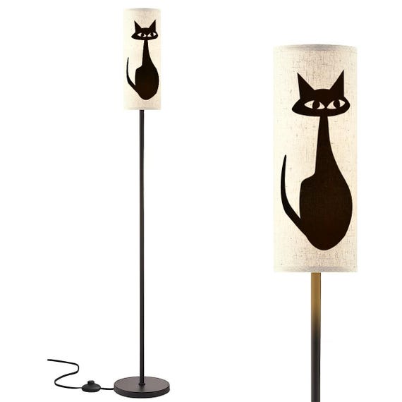Atomic Age Black Cat Floor Lamp: Linen Shade, LED & Remote