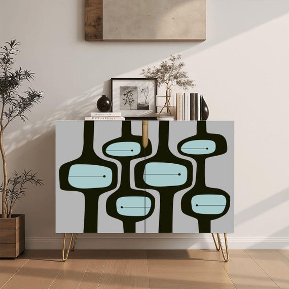 MCM Credenza - Retro Print Wooden Storage Cabinet - Mid Century Modern Decor