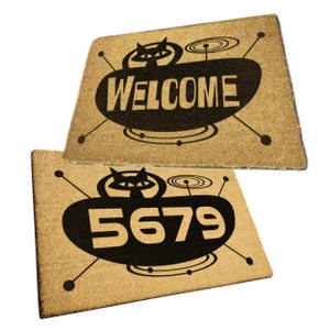 MCM Atomic Age Mid Century Modern Space  Kitty custom name, house number welcome mat.  Durable backing, tough front and perfect for outdoors.