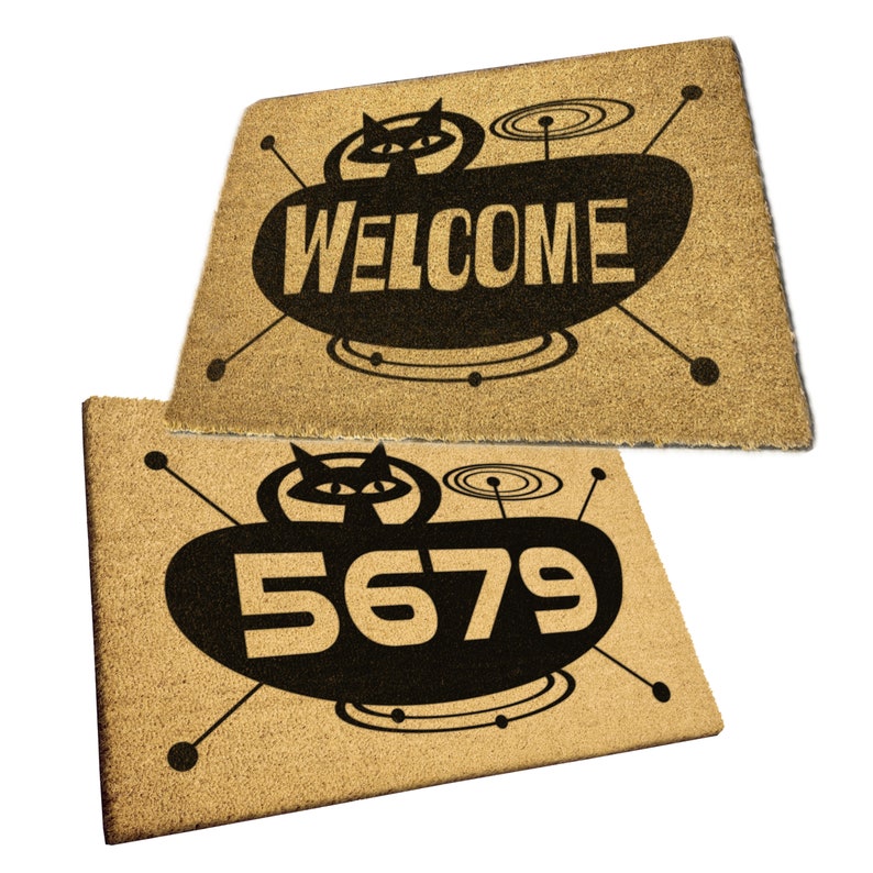 MCM Atomic Age Mid Century Modern Space  Kitty custom name, house number welcome mat.  Durable backing, tough front and perfect for outdoors.