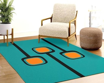 Mid-Century Modern Inspired Original RETRO Branches Print on Teal with Pops of Orange AREA RUG