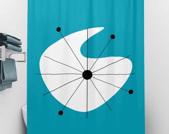 MCM Shower Curtain - Atomic Age Boomerang Starburst Print - Machine Washable - Retro Bathroom Decor
