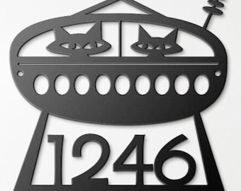 Mid Century Modern House Number - Atomic Age Space Kitties Retro Metal Sign