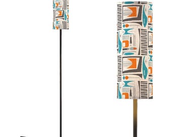 MCM Floor Lamp - Mid Century Modern Atomic Age Print with Orange and Retro Teal - Linen Shade - LED Bulb and Remote Control Mood Light