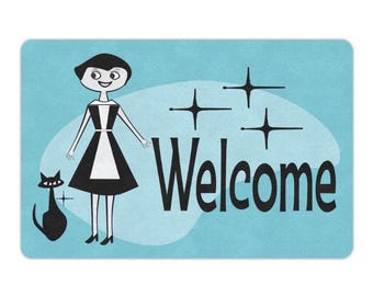 MCM Doormat - Retro 1950’s Print Woman with Atomic Age Black Cat and Starbursts - Door Mat Size 23.6"x15.7"