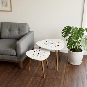 Mid Century Modern Triangle Coffee Tables: Atomic Starburst Print (Set of 2)