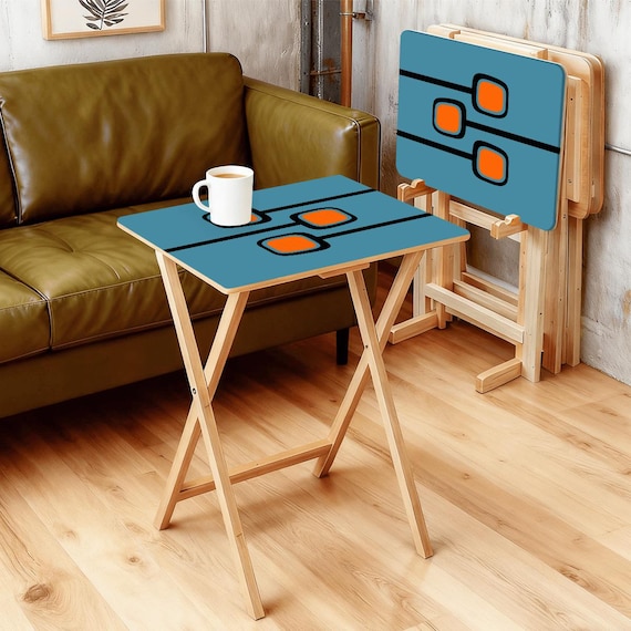 MCM TV Tray Tables (Set of 4) with Wooden Storage Rack - Mid-Century Modern Print