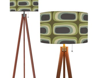MCM Tripod Floor Lamp - Retro Earth Tone Green Ovals Print - with Remote and LED Bulb