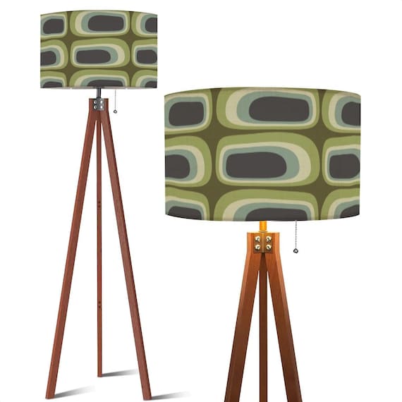 MCM Tripod Floor Lamp - Retro Earth Tone Green Ovals Print - with Remote and LED Bulb