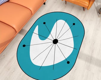 MCM Ovaler Teppich: Boomerang Atomic Starburst Print, Retro Dekor Mid Century Modern Farben