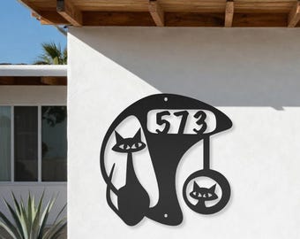 Mid Century Modern House Number: Atomic Cats at Play, Retro Boomerang Design