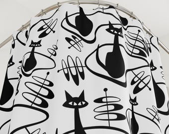 Retro Atomic Age Katzenmuster Duschvorhang | Mid Century Modern Schwarz & Weiß