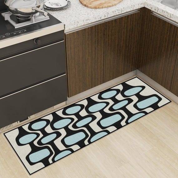 MCM Runner Rug for Kitchen, Bedroom, Entryway in Retro Blue and Beige