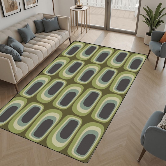 Mid Century Retro Oval Pattern Area Rug | Olive Green Geometric