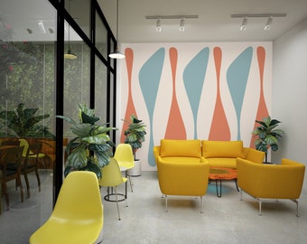 Retro WALL MURAL (Peel Stick Reuse) Atomic Age MCM Retro Print Wallpaper 1950’s style in Teal and Orange on Light Beige