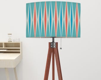 MCM Tripod Floor Lamp - 1950’s Style Retro Diamond Print Linen Lampshade and Wood Base LED with Remote