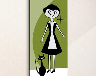 MCM Wall Art - Atomic Age Cat and 1950’s Woman with Starbursts - Laundry Room, Kitchen, Bathroom, Large Wall Hanging