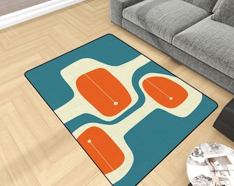 MCM Area Rug 96 x 64 inches - Atomic Age Retro Print in Teal and Orange - Mid Century Modern Decor - Living Room, Bedroom Carpet