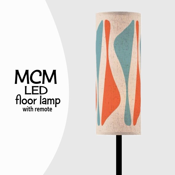 MCM Linen Shade Floor Lamp – Black Metal Stand, Remote & LED Bulb