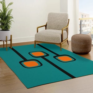 Mid-Century Modern Inspired Original RETRO Branches Print on Teal with Pops of Orange AREA RUG