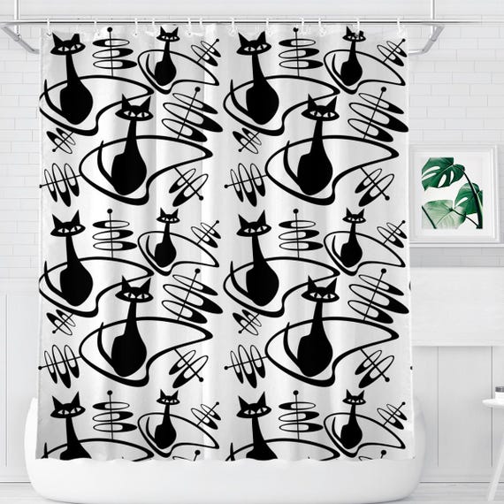 Retro Shower Curtain - MCM Atomic Age Cat Cosmic Print - Bathroom Decor