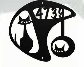 Mid Century Modern House Number Atomic Age Retro Cats at Play Boomerang Design - Gift for Cat Lover