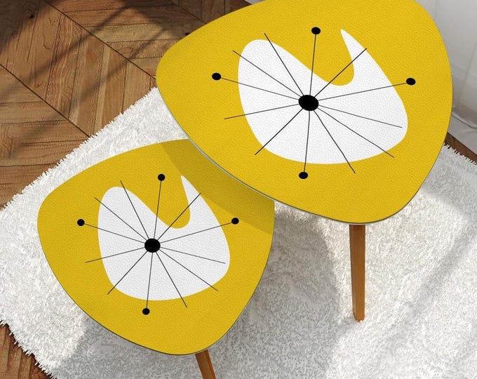Featured listing image: MCM Coffee Tables (Set of 2) - 1950’s Atomic Age Boomerang Starburst  Mid-Century Modern Print (Made in the USA)