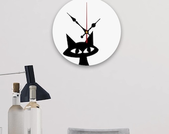 Wall Clock - Minimalist Atomic Age Black Cat MCM Retro Print - Kitchen Clock, Bathroom, Bedroom, Office Decor - Cat Lover Gift