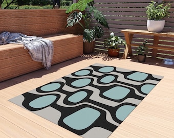 Mid-Century Modern Outdoor Rug with Abstract Design, Patio Décor, Garden Mat, Outdoor Area Rug, Stylish Deck Rug