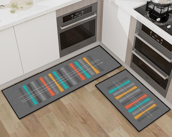 MCM Kitchen RUGS - SET of 2 / Non-Slip Washable / Atomic Age Print Medium Gray with pops of Orange and Teal / Retro Decor Entryway Hallway