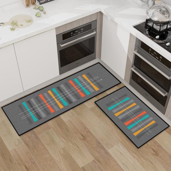 MCM Kitchen Rug Set: Atomic Age Print, Non-Slip Polyester
