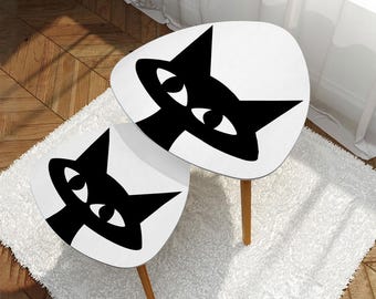 MCM Nesting Tables SET of 2 - Atomic Age Black Cat Minimalist Print, Bedroom, Living Room, Side Tables