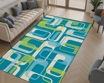 Mid Century Geometrische Teppiche | Retro blau grünes abstraktes Rechteck-Muster