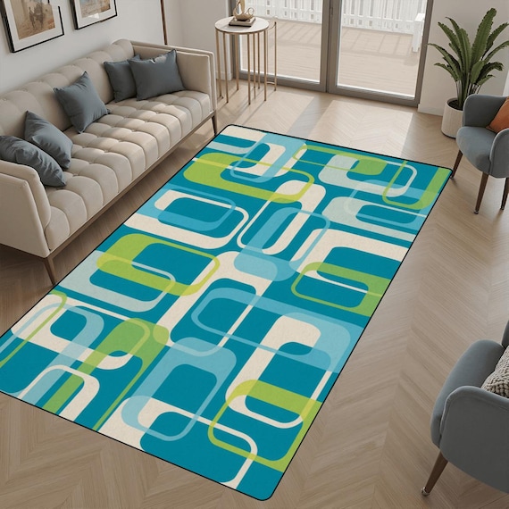 Mid Century Geometric Area Rugs | Retro Blue Green Abstract Rectangle Pattern