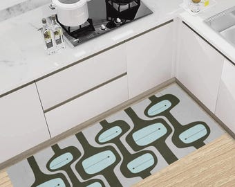 MCM Kitchen Mat 48"x17" - Thin Flat Lay Kitchen Floor Protector - Atomic Age Retro Print in Vintage Blue and Gray