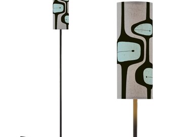 MCM Floor Lamp - Retro Futuristic Print in Gray and Vintage Blue - with LED Bulb and Remote Control Mood Lighting