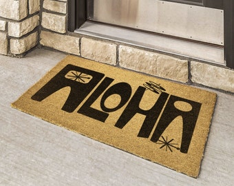 Vintage Hawaiian Coir Bristle Outdoor WELCOME MAT Aloha Atomic Age Print