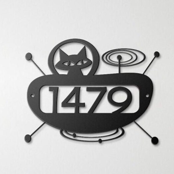 MCM House Number Atomic Age Space Kitty Cat - 18 Gauge Coated Steel