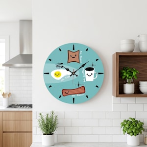 MCM Retro Breakfast Clock – Smiley Egg, Coffee, Toast, Bacon Starbursts (9.8" Wood)